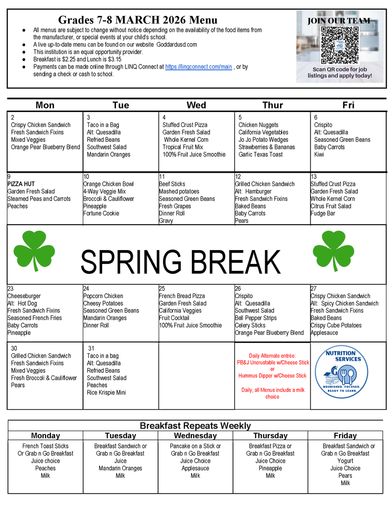 The image is a March 2026 lunch menu for grades 7-8, featuring daily lunch options for each weekday, with a note about spring break. The menu includes alternate choices and a QR code for job listings. At the bottom, there is a "Breakfast Repeats Weekly" schedule. Green shamrocks are used as decorative elements.