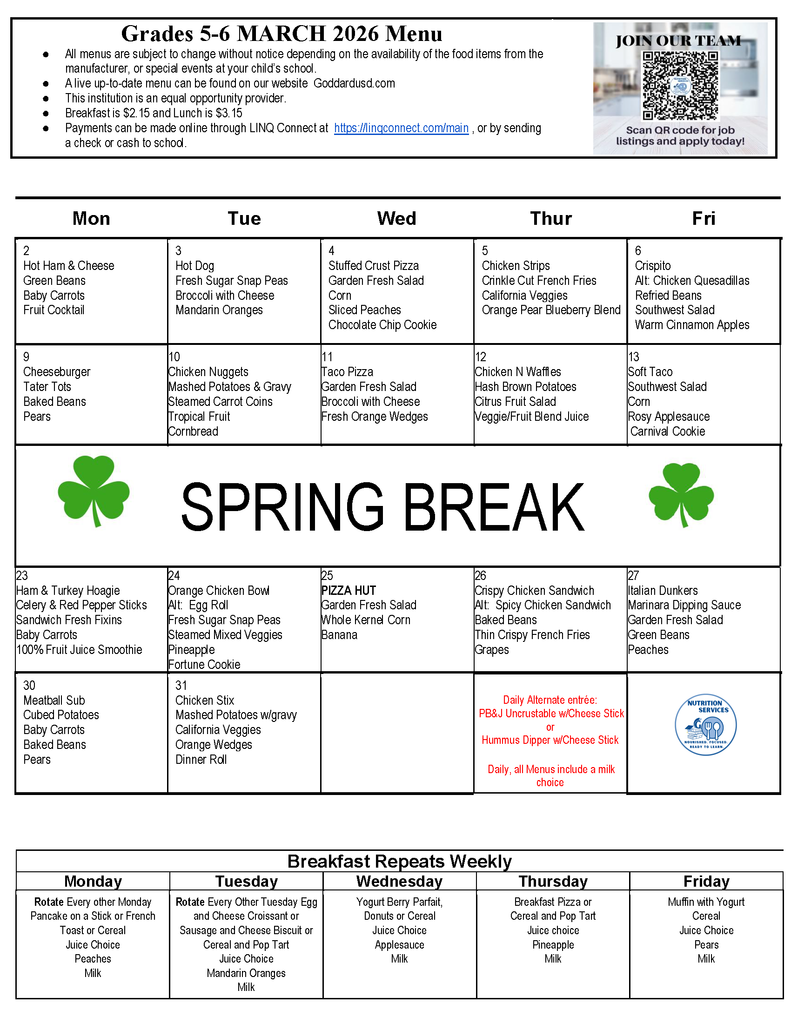 March 2026 school menu for grades 5-6 features daily lunch options, including pizza, chicken, and fries. Mid-month spring break noted with shamrock symbols.