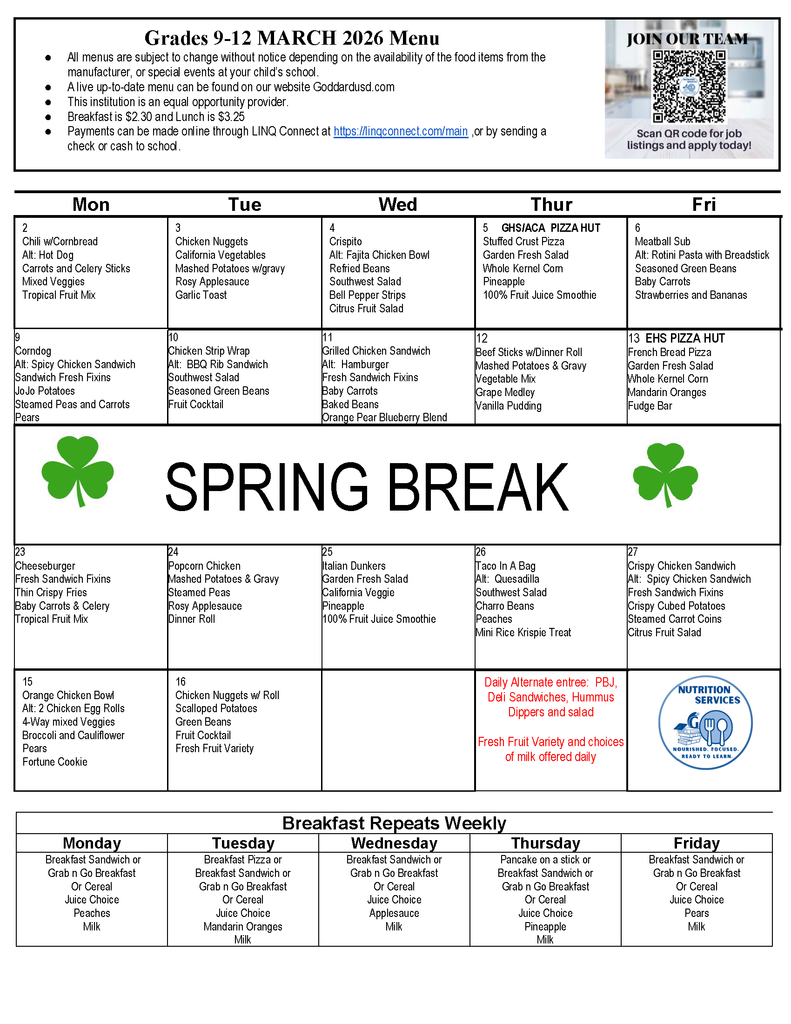 Grades 9-12 March 2026 lunch menu with various meals listed by day, featuring a "Spring Break" banner with shamrocks in the center. Nutritional notes and payment details are included.