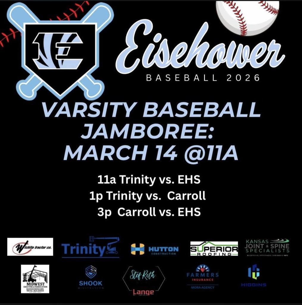 Background:  Black with EHS baseball logo and baseball; Text:  Varsity Baseball Jamboree held at EHS on Saturday, March 14