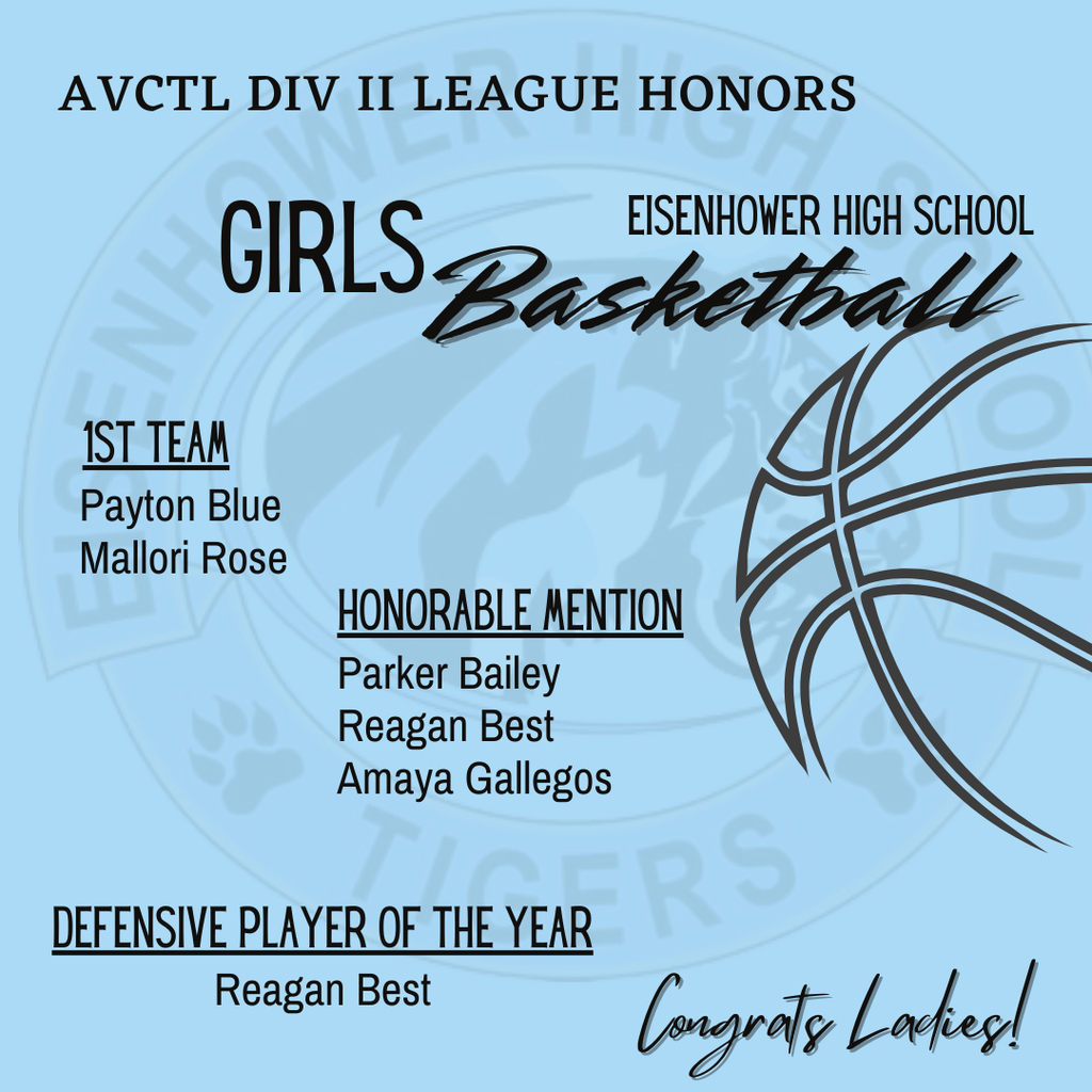 Background: light blue with EHS logo and basketball; Text: AVCTL Div II League Honors, Girls Basketball