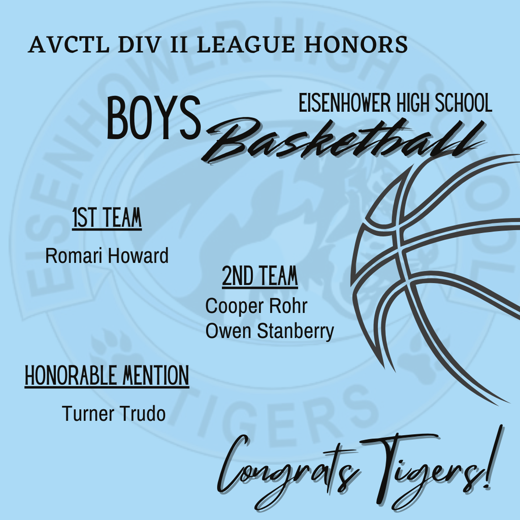 Background: light blue with EHS logo and basketball; Text: AVCTL DIV II League Honors Boys Basketball