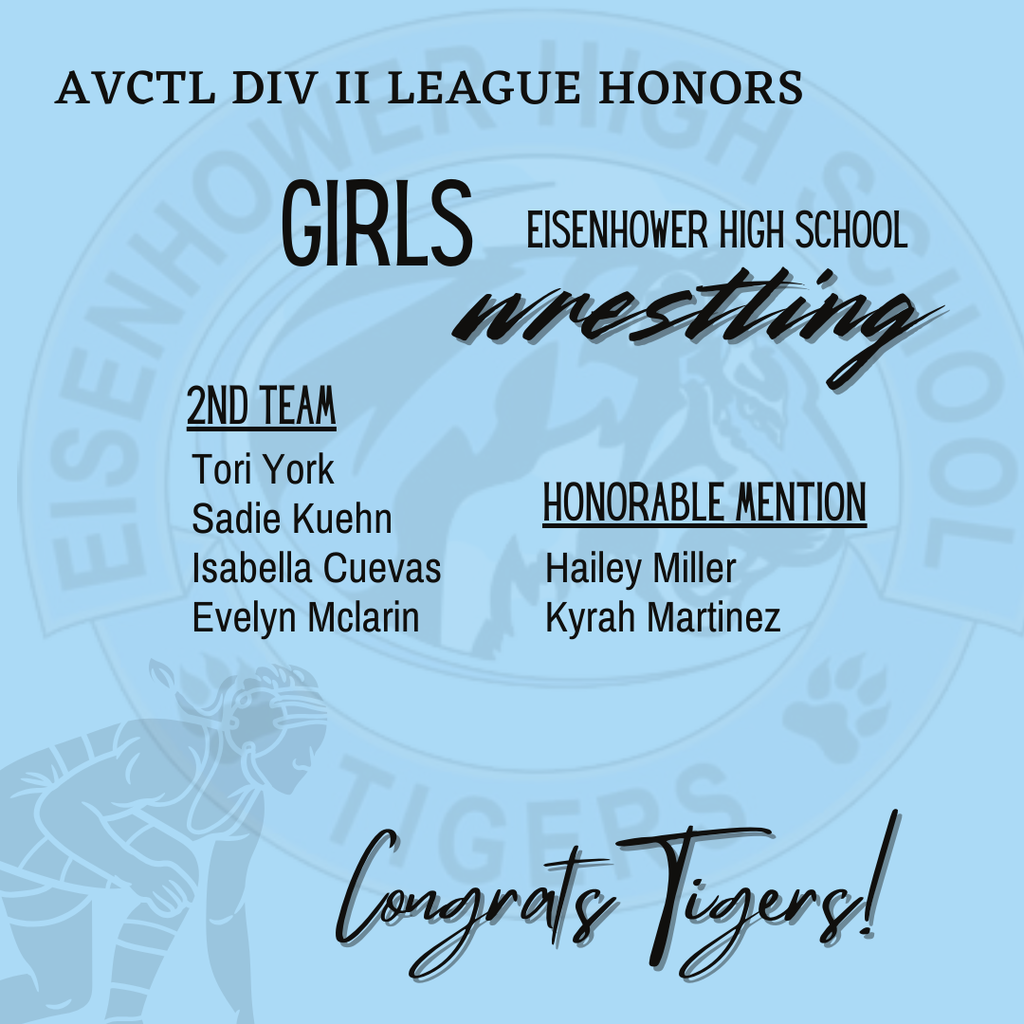 Background:  light blue with EHS logo and a girl wrestler with text;  Text:  AVCTL League Honors for Girls Wrestling