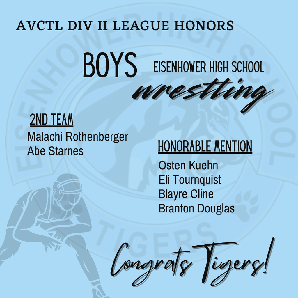 Background:  light blue with EHS logo and a boy wrestler and text;  Text:  AVCTL League Honors, Boys wrestling