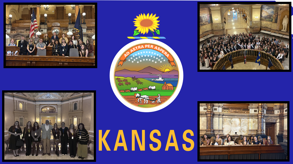 Background:  Blue Kansas flag with the Kansas seal and photos of students; Text:  Kansas