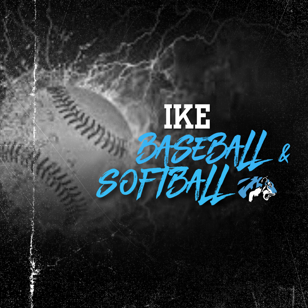 background:  black and white background with a baseball/softball breaking through; text:  IKE Baseball & Softball in the color blue with the tiger logo