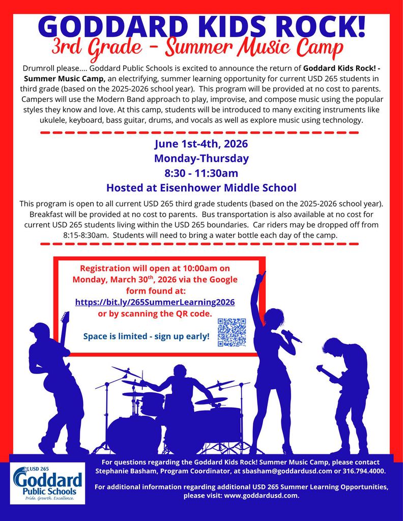 Flyer for "Goddard Kids Rock! 3rd Grade - Summer Music Camp," June 1-4, 2026, at Eisenhower Middle School, offers music classes. Registration opens March 30, 2026.