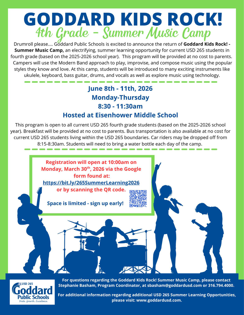 Flyer for Goddard Kids Rock! 4th Grade Summer Music Camp. Event runs June 8-11, 2026 at Eisenhower Middle School. Sessions are 8:30-11:30 am. Details include free breakfast and bus service for USD 265 students. Registration opens March 30, 2026, with a QR code for online form. Blue silhouette of kids playing instruments at bottom. Bright, energetic tone.