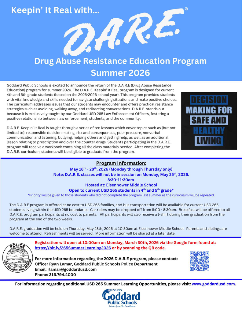 Flyer for the D.A.R.E. Summer 2026 program by Goddard Public Schools. Blue background, white text detailing program dates, May 18-28, for 4th and 5th graders at Eisenhower Middle School. Includes a small image of a sign saying "Decision Making for Safe and Healthy Living."