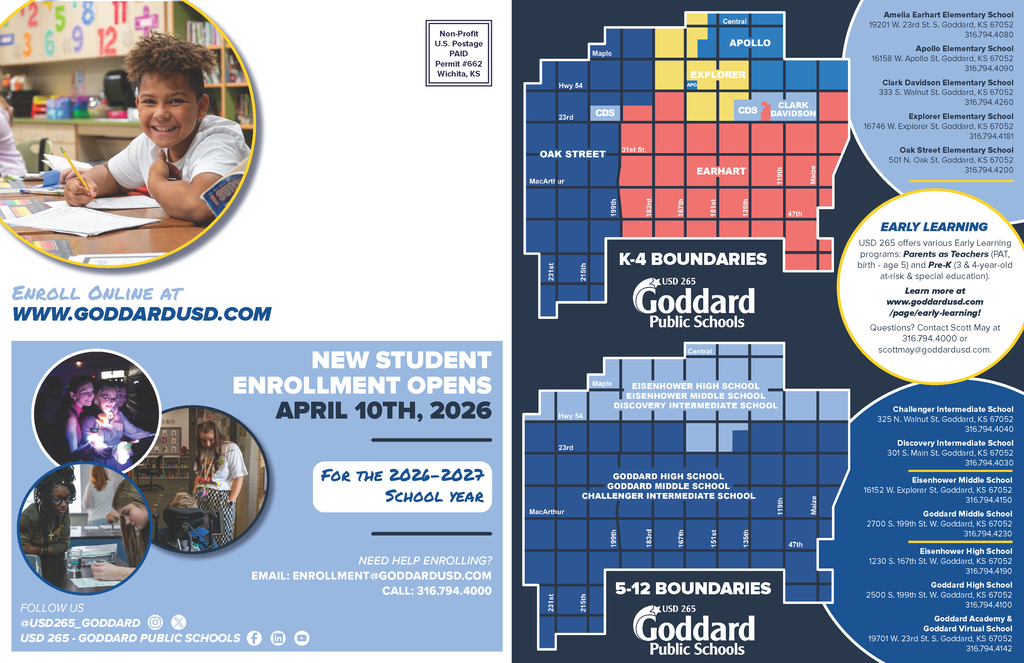 Goddard Public Schools enrollment flyer for 2026-2027 featuring a smiling child in a classroom and enrollment details. Includes K-4 and 5-12 boundary maps, school contact info, and an April 10th enrollment date. Bright colors create an inviting tone.