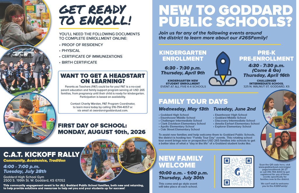 Goddard Public Schools enrollment flyer detailing documents needed, event dates, and contact info. Includes photos of smiling children and staff in school activities, conveying a welcoming and informative tone.