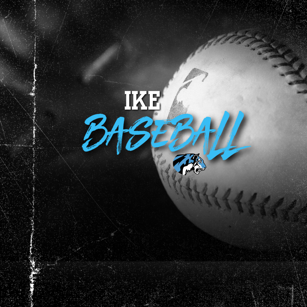 Background:  black and white with baseball, blue tiger logo, text  Text:  in blue and white IKE Baseball