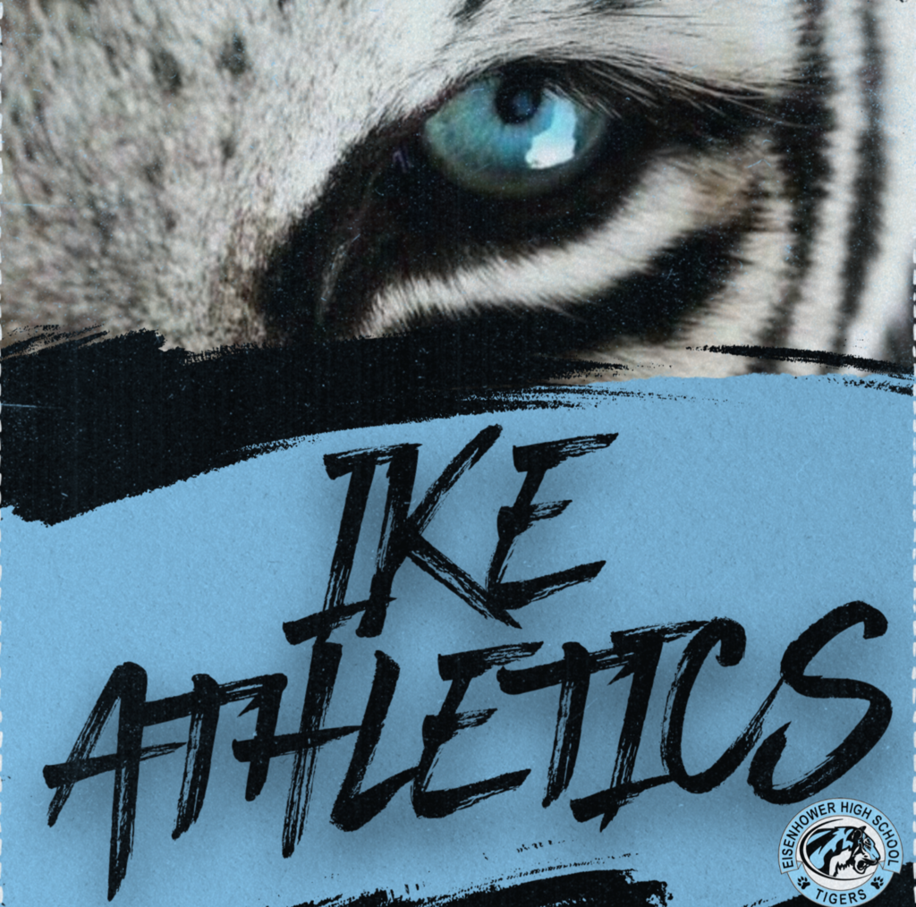 Background: white tiger's blue eye at top of page, blue colored swipe at bottom with text of IKE Athletics and a small EHS logo in the corner