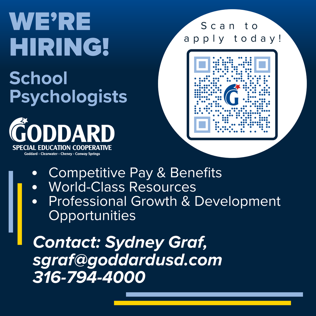 We're hiring graphic for School Psychologists at Goddard Special Education Cooperative. Includes a QR code and contact info for Sydney Graf.