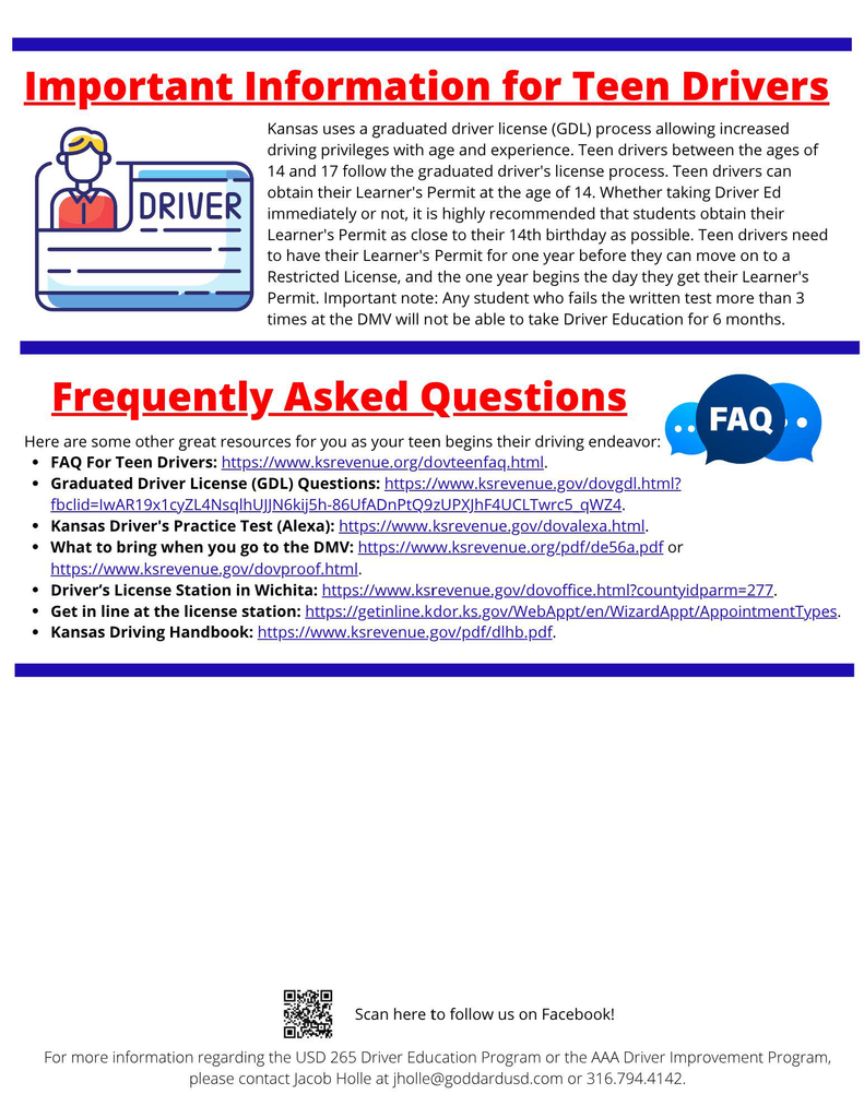 Informative flyer titled "Important Information for Teen Drivers" with sections on Kansas’ graduated driver license process. Includes FAQs, practice test resources, and DMV guidance. Emphasizes key details like age requirements and testing information. Features icons and a QR code for social media.