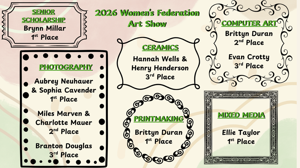 Background: soft colors of peach and green and cream with different frame shapes/designs and green text; Text: 2026 Women's Federation Art Show results, Senior Scholarship, Photography, printmaking, mixed media, computer art, ceramics categories listed with names of winners from EHS