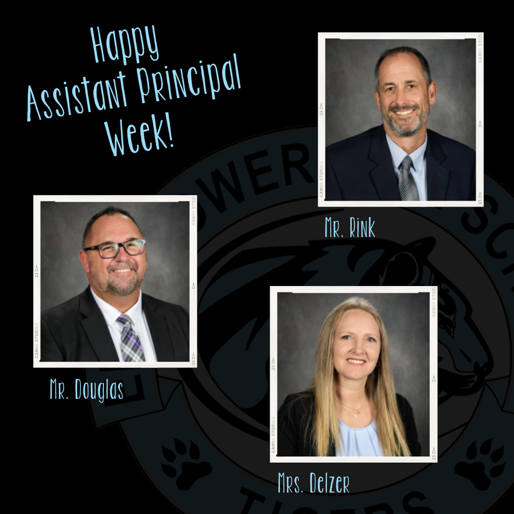 Background: Black with faded EHS logo and 3 square frames with pictures of Mr. Rink, Mr. Douglas & Mrs. Delzer with blue text; Text: Happy Assistant Principal's Week!