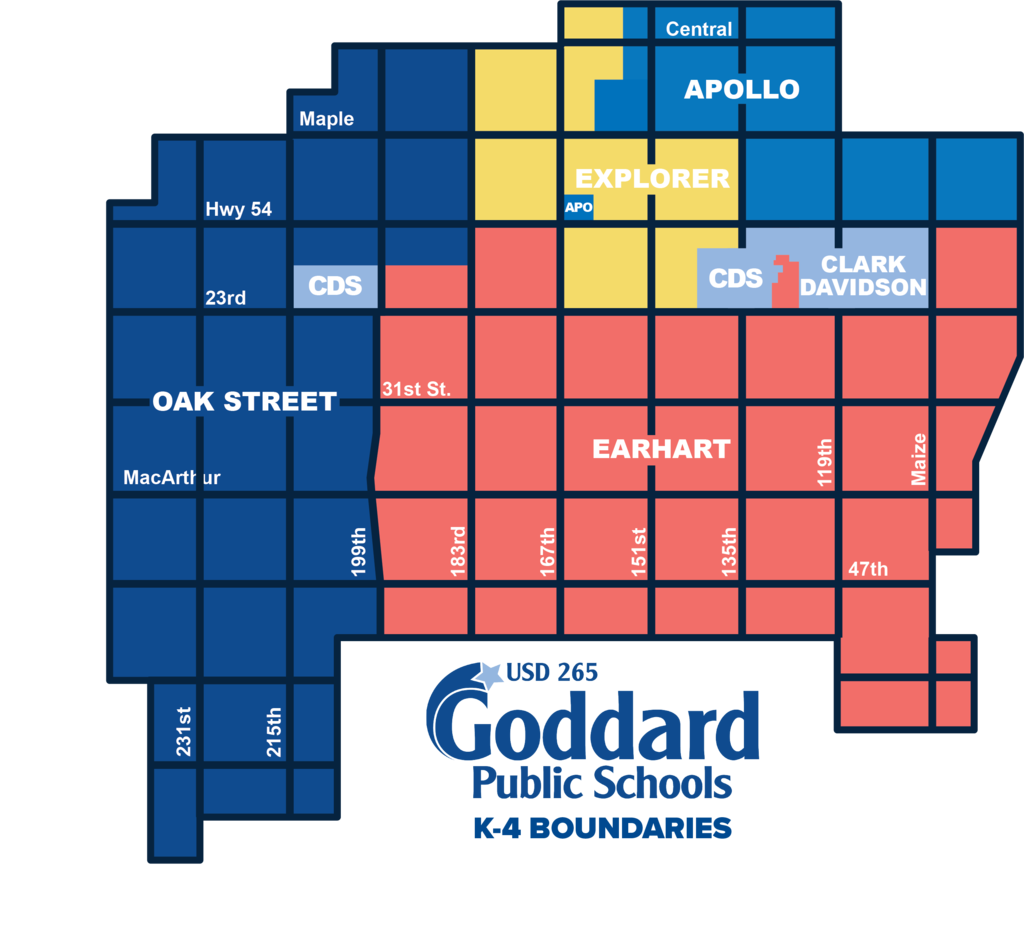 Map of Goddard Public Schools K-4 boundaries, showing colored zones for Explorer, Oak Street, Apollo, and Earhart schools, with street labels.