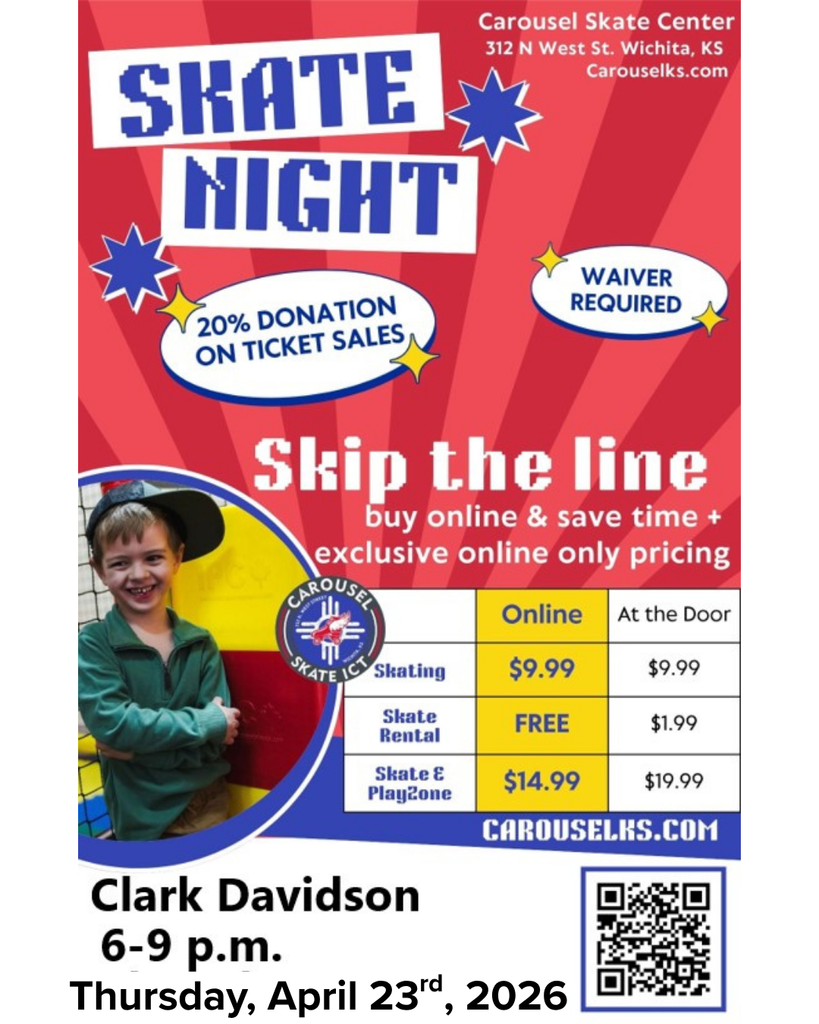 CDS Skate Night   4-23-2026  *NEW this year! To reduce wait times, we are encouraging online ticket sales by offering exclusive online-only pricing available for sale on our website (www.carouselks.com).   Purchase tickets ahead of time to save both money & time. Online waivers may also be signed online ahead of time to save time at check-in!
