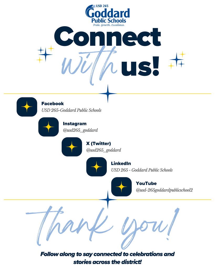Goddard Public Schools invites connection on social media with themed icons for Facebook, Instagram, X (Twitter), LinkedIn, and YouTube. Bold text reads 'Connect with us!' and 'Thank you!' creating an inviting tone.
