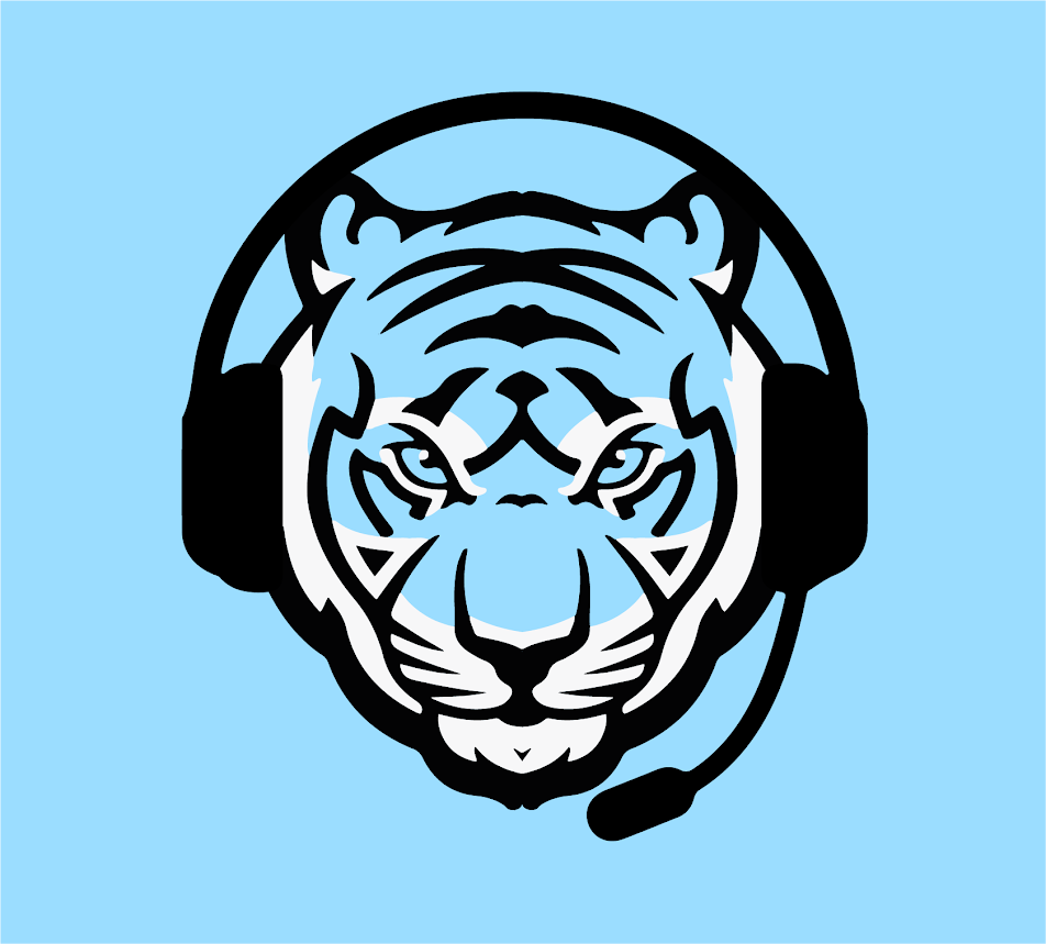 Background: blue with blue & white tiger head with a headset on; no text