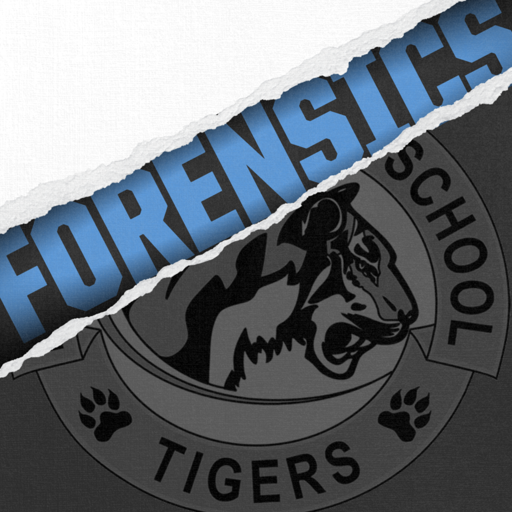 background:  black and white with a faded EHS logo and blue "Forensics" behind torn paper look.