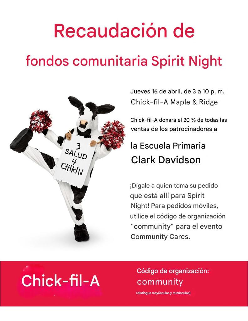 Chick-fil-A Night Thursday, April 16th, from 3-10 pm