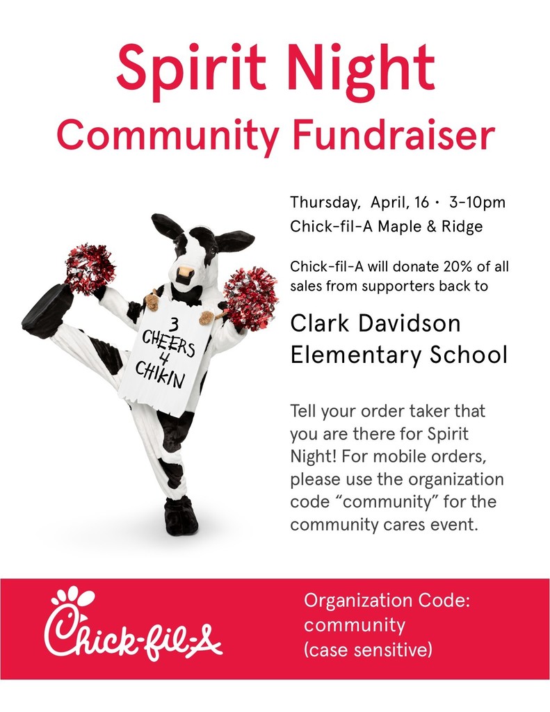 Chick-fil-A Night Thursday, April 16th, from 3-10 pm