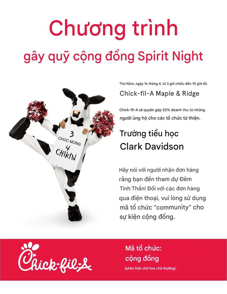 Chick-fil-A Night Thursday, April 16th, from 3-10 pm