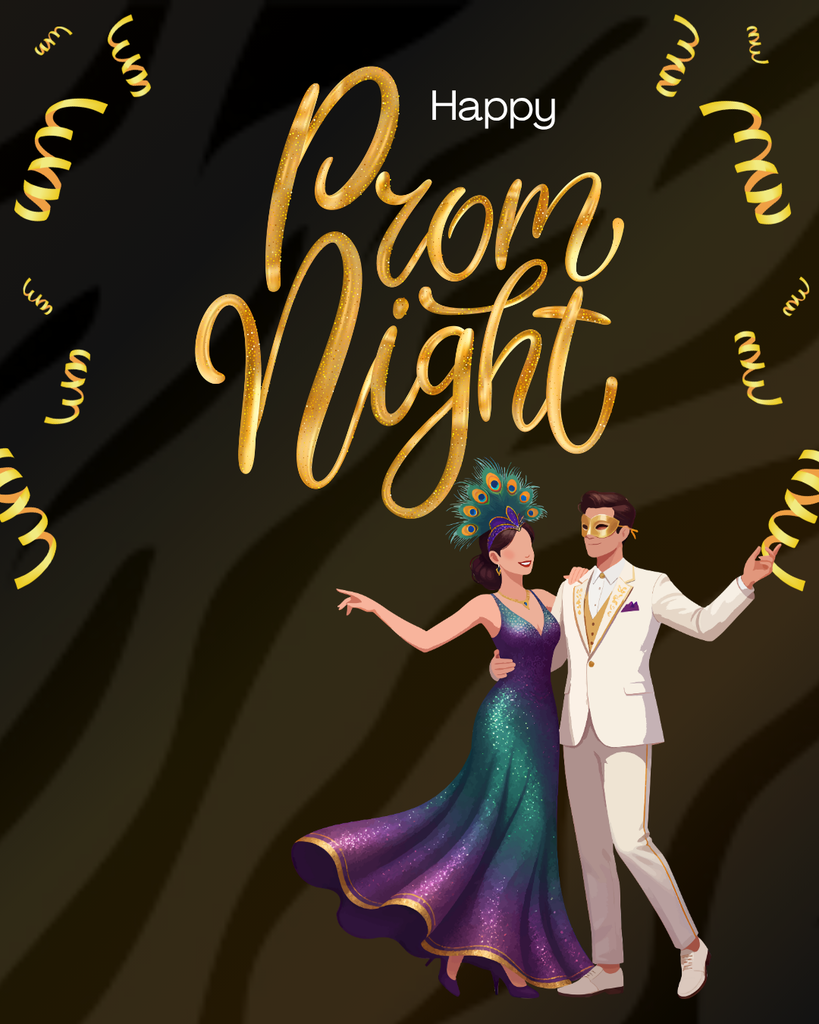 background:  brown faded tiger print with a girl & guy dressed up in masquerade masks, gold curly confetti, and text;  text:  happy prom night