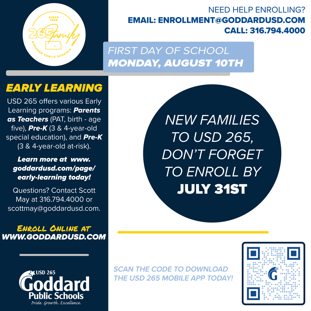Flyer for USD 265 with info on early learning programs, contact details, and enrollment deadlines. Features the school logo and a QR code for the mobile app.