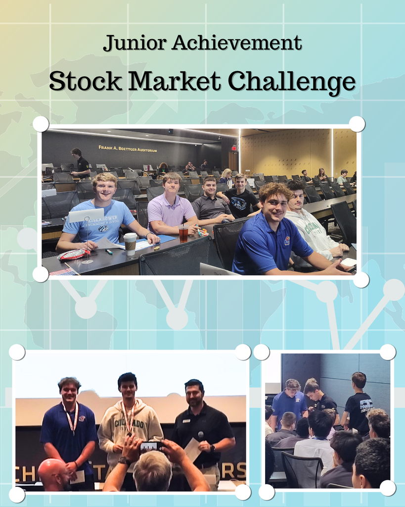 background:  blue and green with white stock market lines;  text:  Junior Achievement Stock Market  Challenge