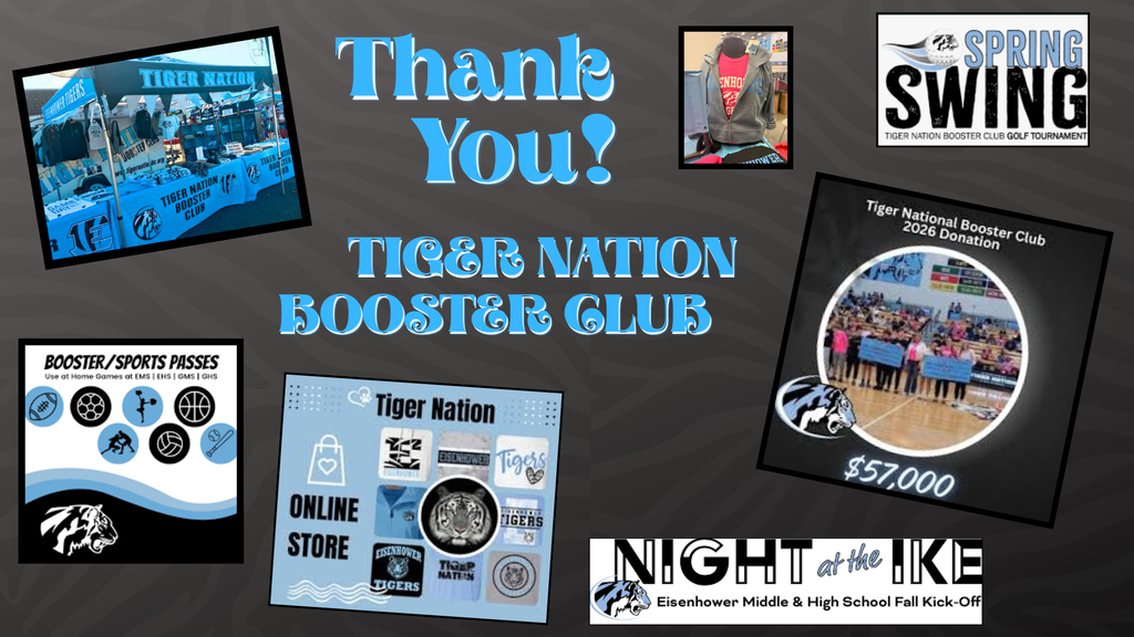 background:  grey with faded tiger stripes, boxes with photos and text;  Text:  Thank you! Tiger Nation Booster Club