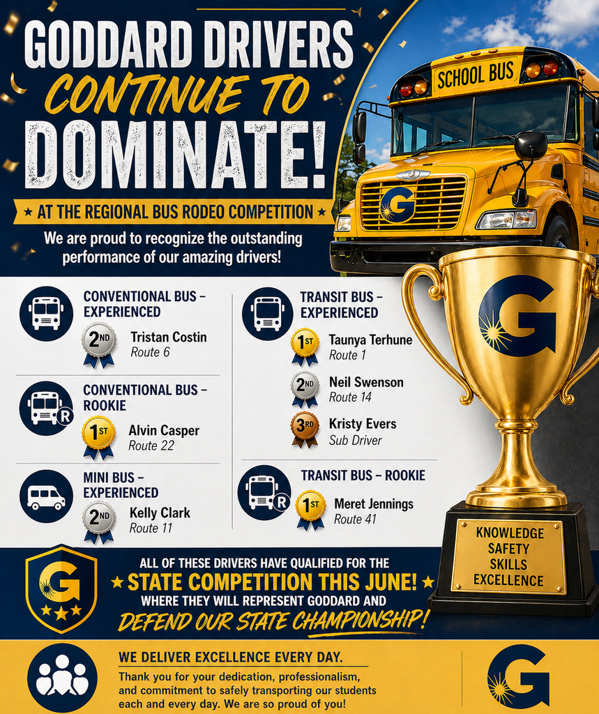 Goddard Drivers poster celebrates achievements at the regional bus rodeo. Features a large golden trophy, a school bus, and winners' names in various categories with their routes. Emphasizes excellence, safety, and upcoming state competition.