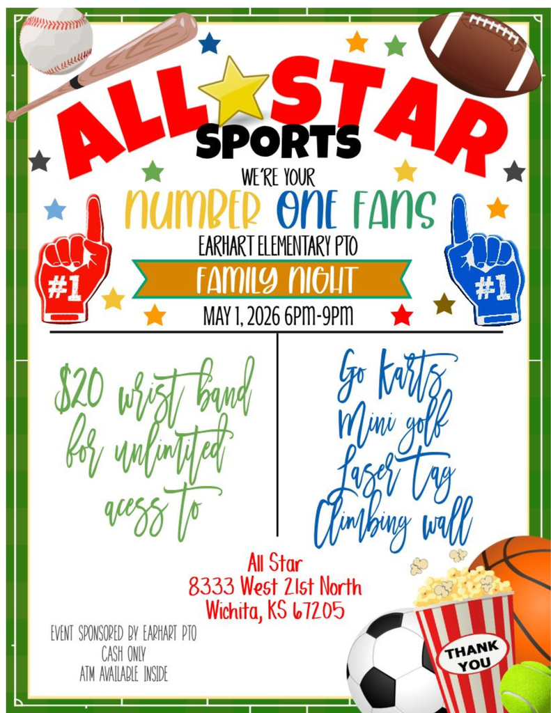 Flyer for Earhart Elementary PTO's "All Star Sports" Family Night. Includes date,May 1st, 2026, activities, and cost details. Sports theme with vibrant colors.