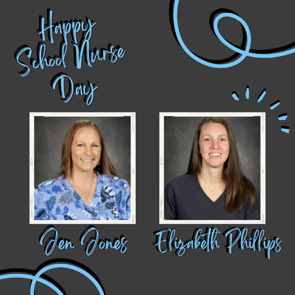 background:  dark gray with light blue swirls and text, two picture boxes with school nurses pictures;  Text:  Happy School Nurse Day, Jen Jones, Elizabeth Phillips