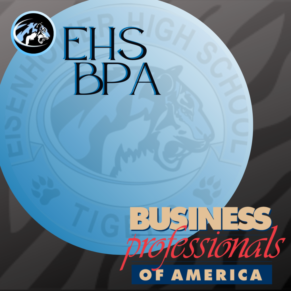 background:  black and white tiger print with a blue EHS logo, small tiger head logo and text;  Text:  EHS BPA Business professionals of America