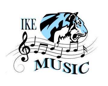 background:  white with blue tiger head and musical notes; Text:  IKE Music
