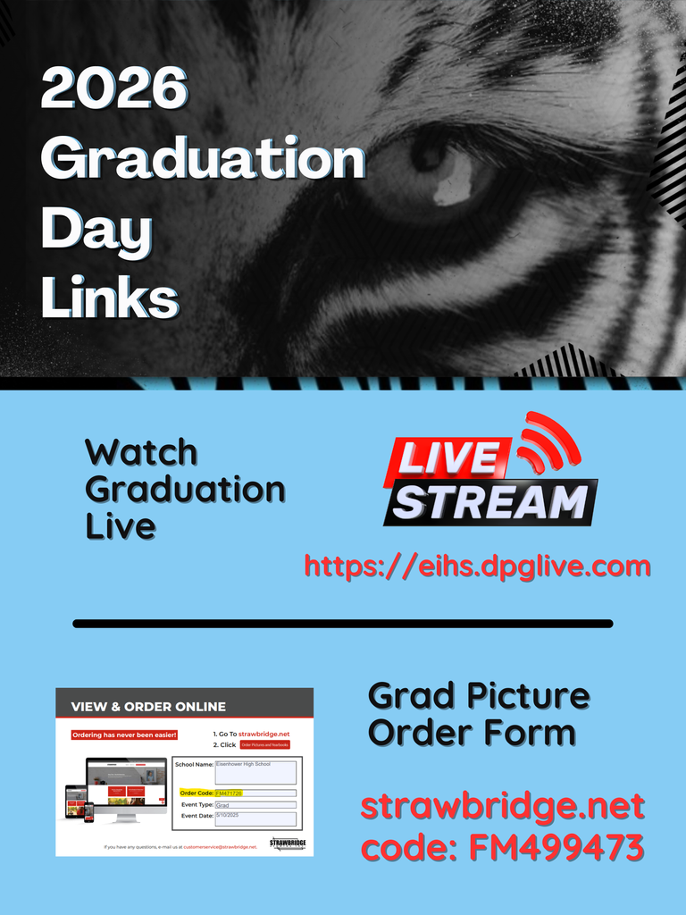 background:  light blue with white tiger face on top with graduation livestream link; bottom half is grad picture order form