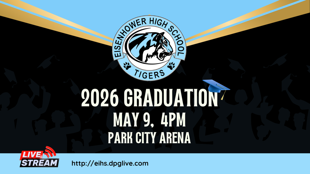 background:  black, gold, blue  text:  2026 EHS Graduation, May 9, 4pm, Park City Arena, Livestream at http://eihs.dpglive.com