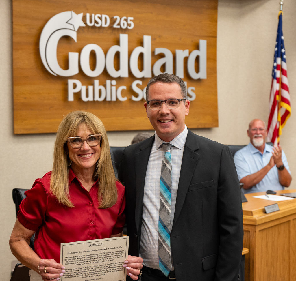 Becky Steckline receives the District Attitude Award at the May 2026 BOE meeting