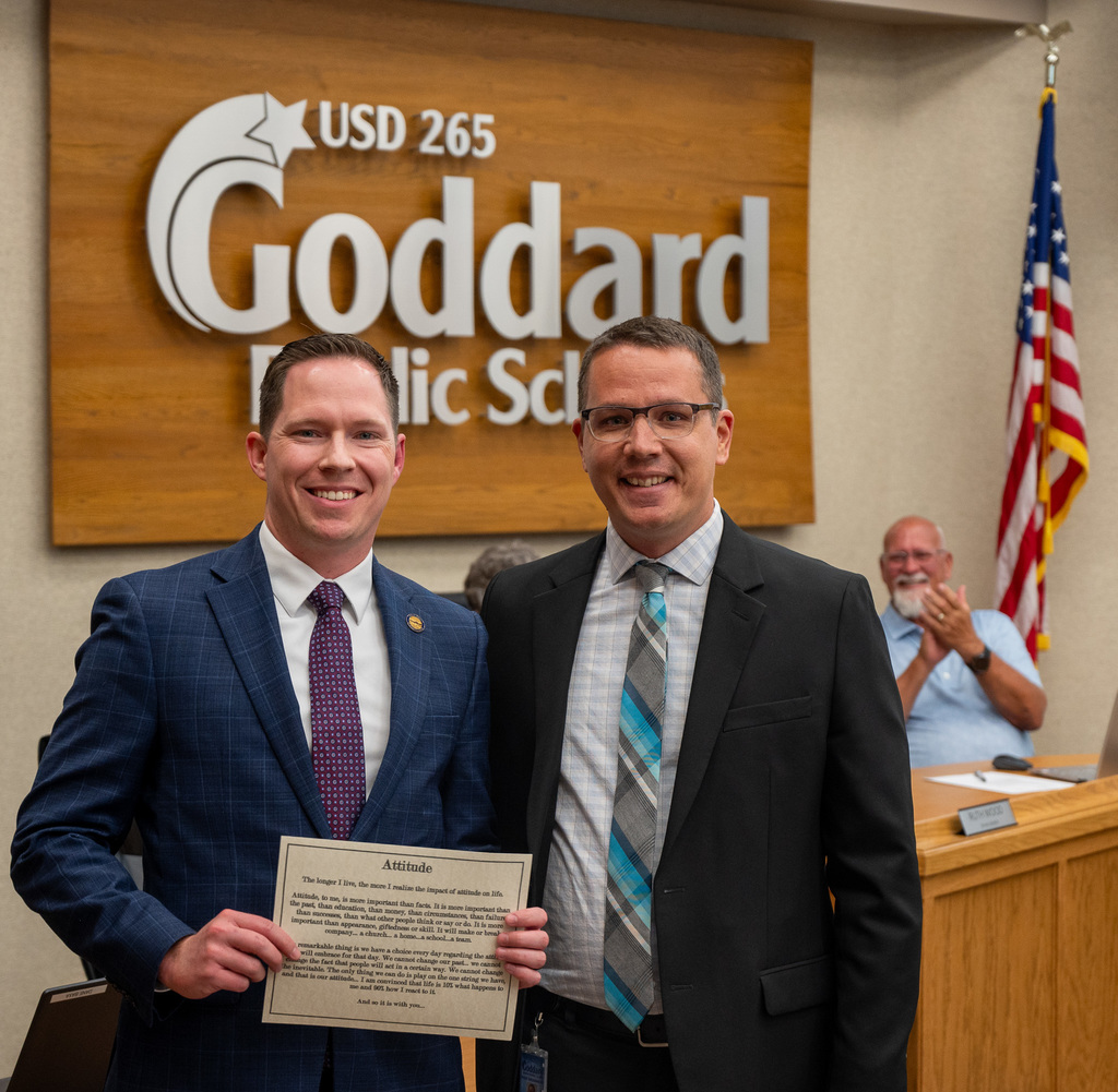 Kansas State Senator & Senate Majority Leader Chase Blasi receives the District Attitude Award at the May 2026 BOE meeting