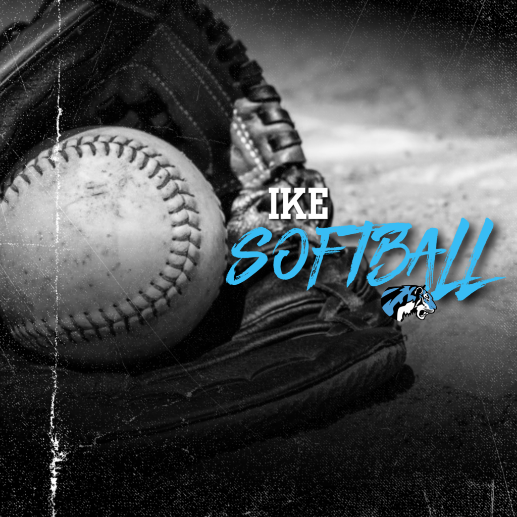 background:  black and white with softball and glove, blue tiger head logo; text: IKE Softball