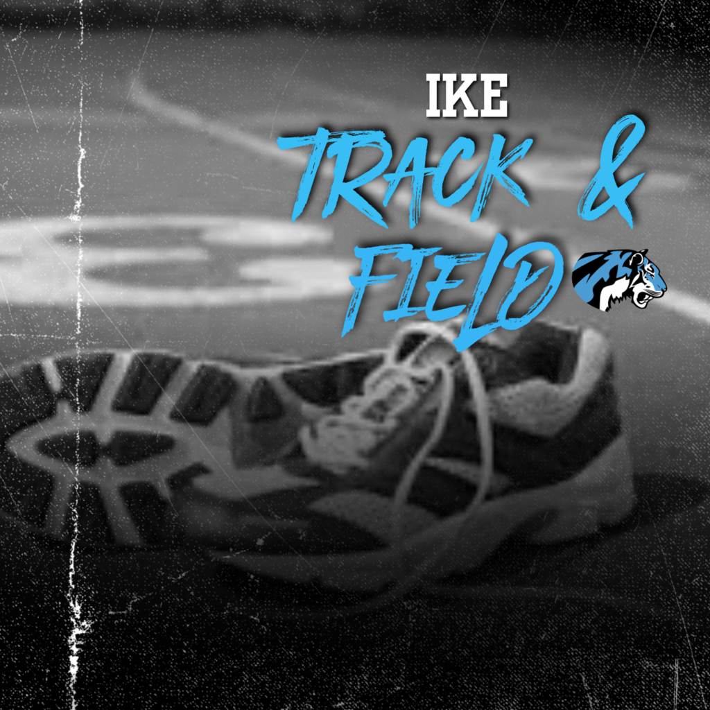 background:  black and white with running track in bacground, running shoes in the forefront, blue tiger head logo; text:  IKE Track & Field