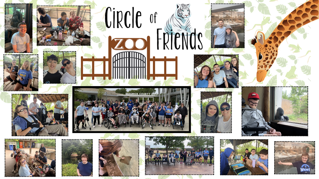 background:  white with green leaves, a white tiger sitting, a giraffe head and neck coming into page on the right side, a gate and fence that says ZOO, many squares with photos of the kids at the zoo; text: Circle of Friends