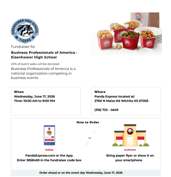 background:  white with Panda Express food cartons and EHS blue circle logo; Text:  EHS BPA fundraiser night at Panda Express on Maize Road, June 17 from 10am to 9pm.