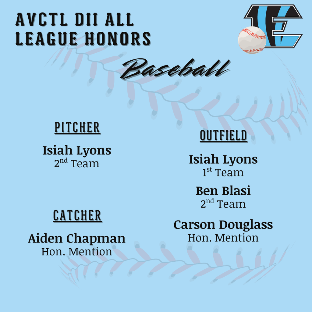 background: light blue with a baseball and the EHS blue E logo; text: AVCTL DII All League Honors, names of the winners and their positions