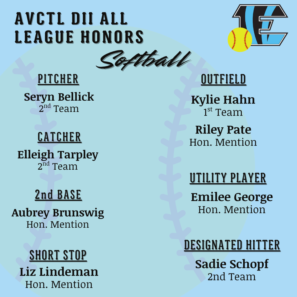 background: light blue with a softball and the EHS blue E logo; text: AVCTL DII All League Honors, names of the winners and their positions