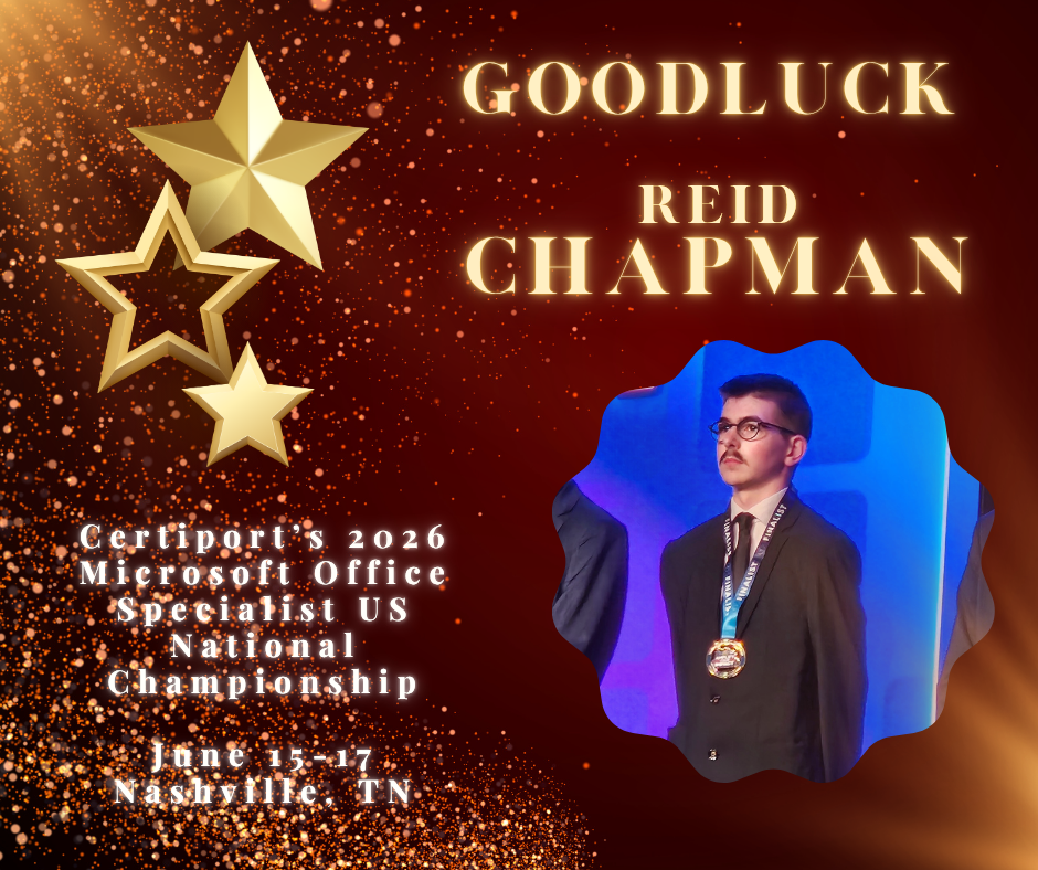 background: rust color with gold sparkle, gold stars, and lettering with a picture of Reid Chapman; text:  Reid Chapman, Certiport's 2026 Microsoft Office Specialist US National Championship