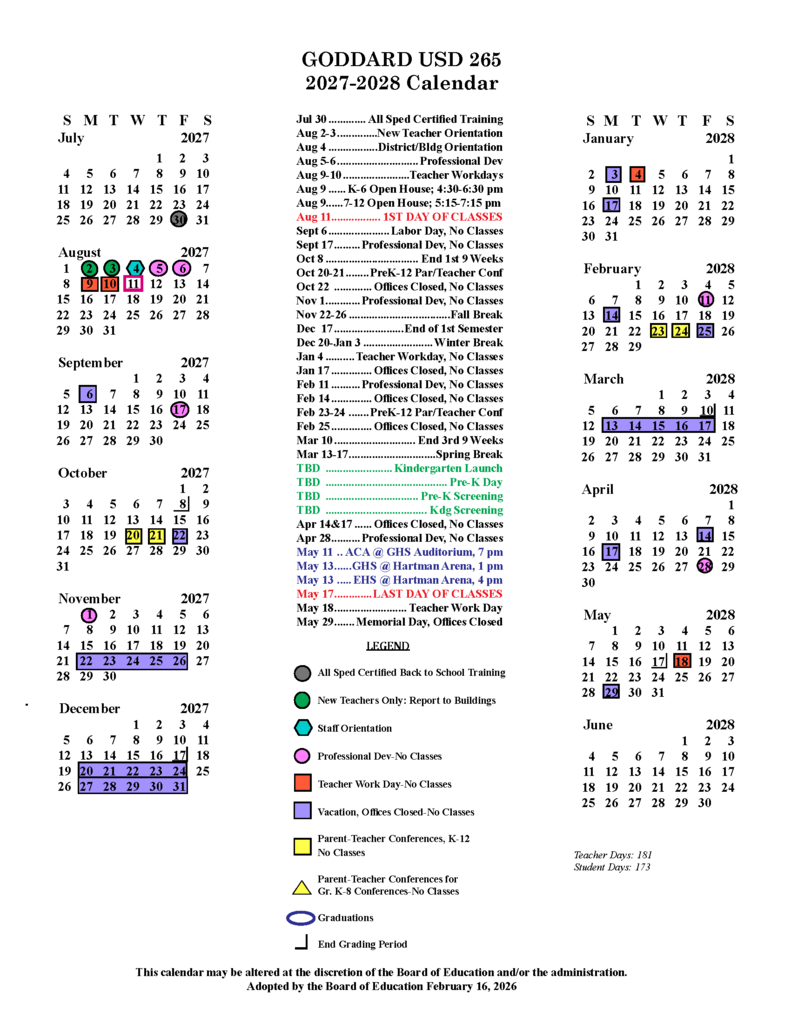 Goddard USD 265 2027-28 Calendar
